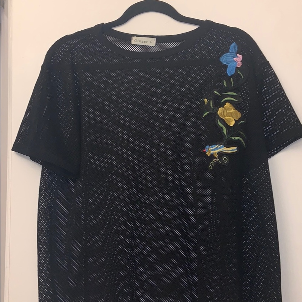Black mesh t-shirt with embroidery